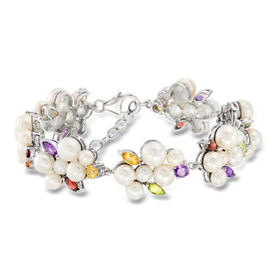 C. 2000 Vintage 5-7mm Cultured Pearl and 5.57 ct. t.w. Multi-Gemstone Cluster Bracelet in Sterling Silver