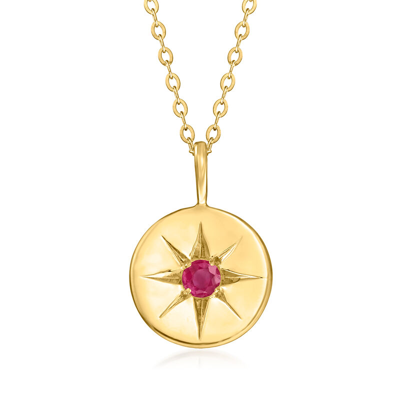 July/Ruby - Birthstone Star Disc Pendant Necklace in 14kt Yellow Gold. 16&quot; image number 0