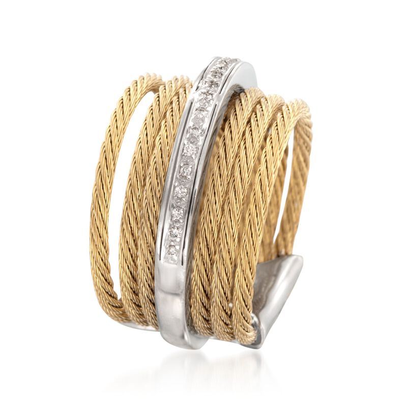 ALOR &quot;Classique&quot; Yellow-Hued Stainless Steel Cable Ring with Diamond Accents and 18kt White Gold. Size 7 image number 2