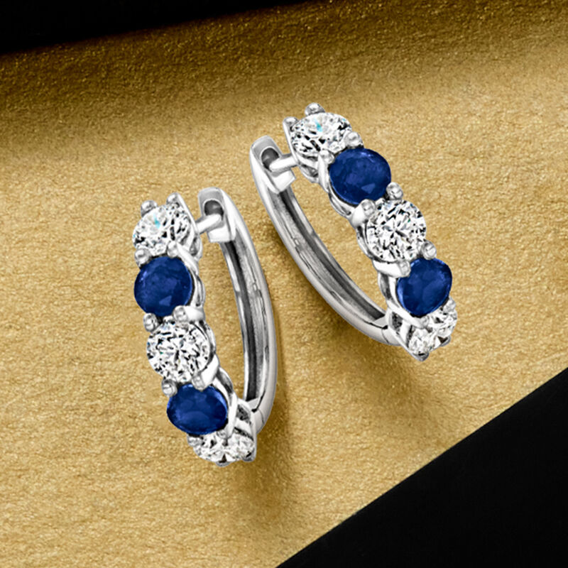 .80 ct. t.w. Sapphire and 1.00 ct. t.w. Lab-Grown Diamond Hoop Earrings in 14kt White Gold. 5/8&quot; image number 2