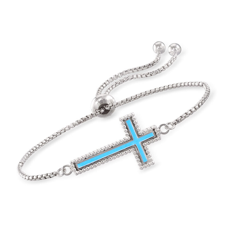 Italian Sterling Silver and Blue Enamel Cross Bolo Bracelet image number 0