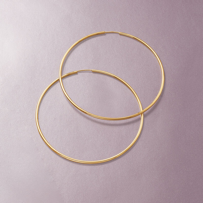 1.5mm 14kt Yellow Gold Endless Hoop Earrings. 2 3/8&quot; image number 3