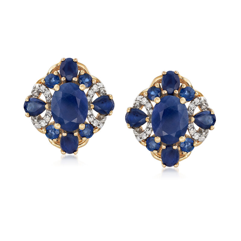 6.90 ct. t.w. Sapphire and .15 ct. t.w. Diamond Earrings in 14kt Yellow Gold image number 0