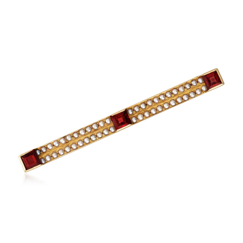 C. 1950 Vintage Seed Pearl and 1.35 ct. t.w. Garnet Bar Pin in 14kt Yellow Gold image number 0