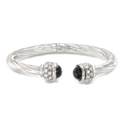 Italian Onyx and 1.30 ct. t.w. CZ Twisted Cuff Bracelet in Sterling Silver