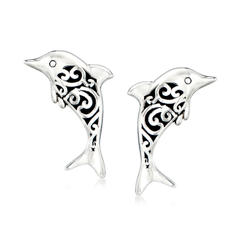 Sterling Silver and Black Enamel Dolphin Jewelry Set: Earrings and Pendant Necklace. 18&quot; image number 4