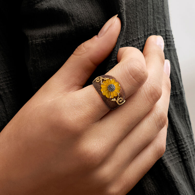 Wooden Sunflower Ring with Yellow Chalcedony and 18kt Gold Over Sterling image number 1