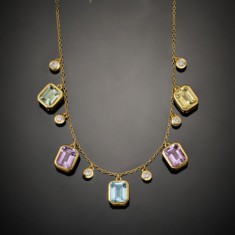 12.60 ct. t.w. Multi-Gemstone and .66 ct. t.w. Lab-Grown Diamond Necklace in 18kt Gold Over Sterling. 18" image number 2