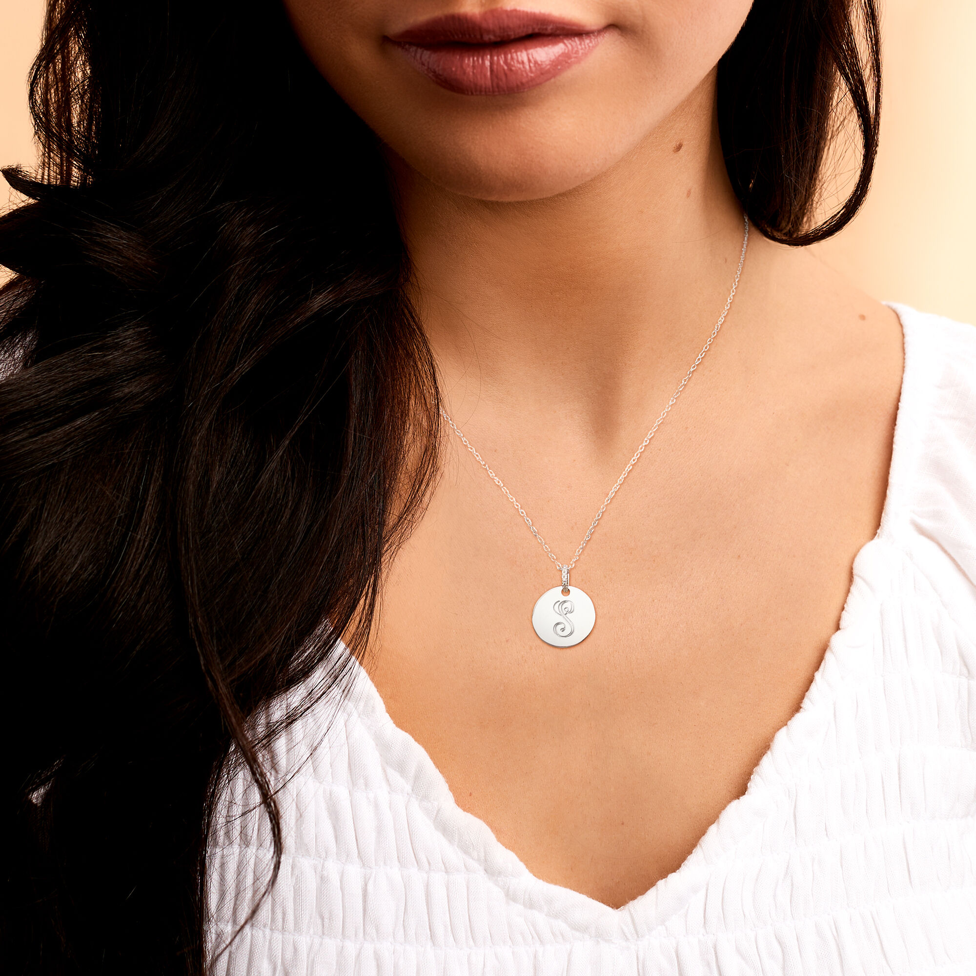 Sterling Silver Personalized Circle Pendant Necklace with Diamond Accents