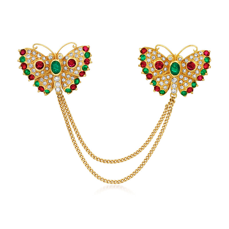 C. 1990 Vintage .90 ct. t.w. Ruby, .80 ct. t.w. Emerald and .85 ct. t.w. Diamond Double-Butterfly Pin in 18kt Yellow Gold image number 0