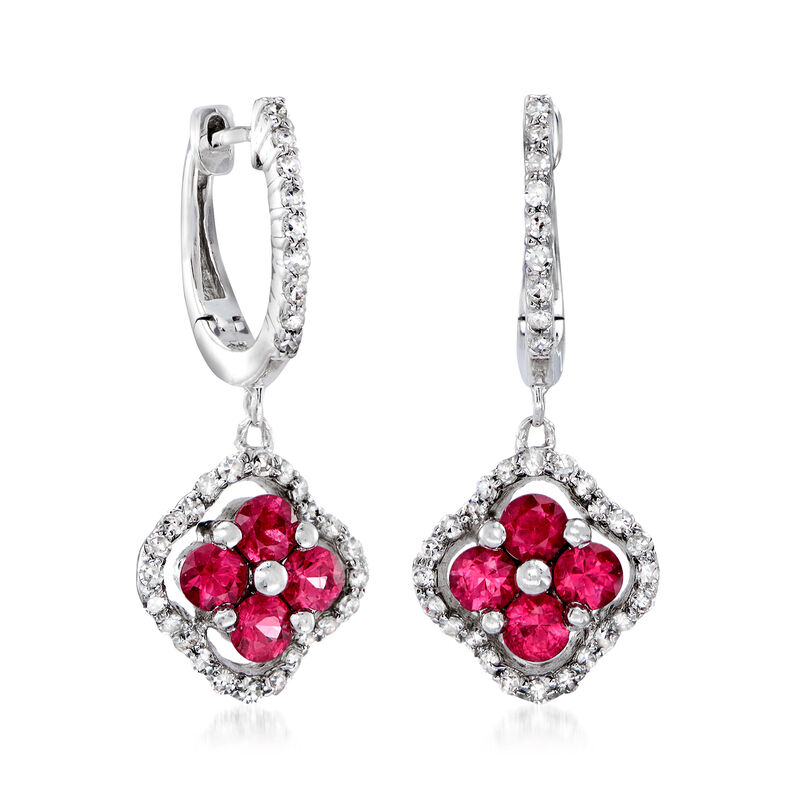C. 2012 Vintage 1.00 ct. t.w. Ruby and .35 ct. t.w. Diamond Clover Drop Earring in 14kt White Gold image number 2