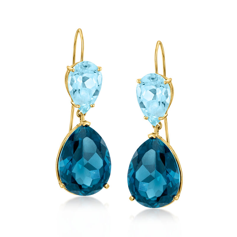 C. 1980 Vintage 19.00 ct. t.w. London Blue Topaz and 7.50 ct. t.w. Sky Blue Topaz Drop Earrings in 14kt Yellow Gold image number 0