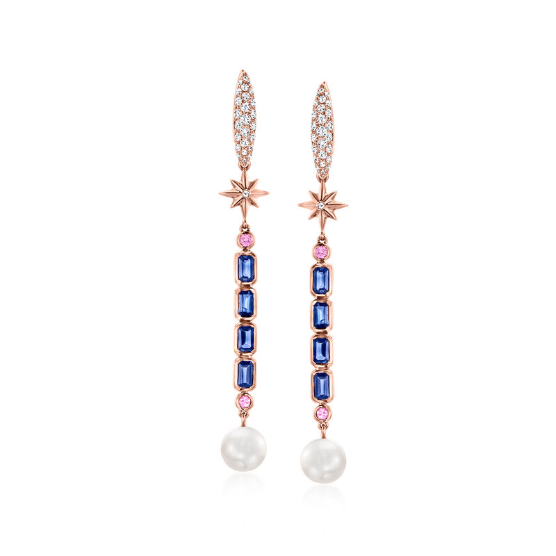 8-8.5mm Cultured Pearl and 3.10 ct. t.w. Multicolored Sapphire Drop Earrings with 1.09 ct. t.w. Diamonds in 18kt Rose Gold image number 2