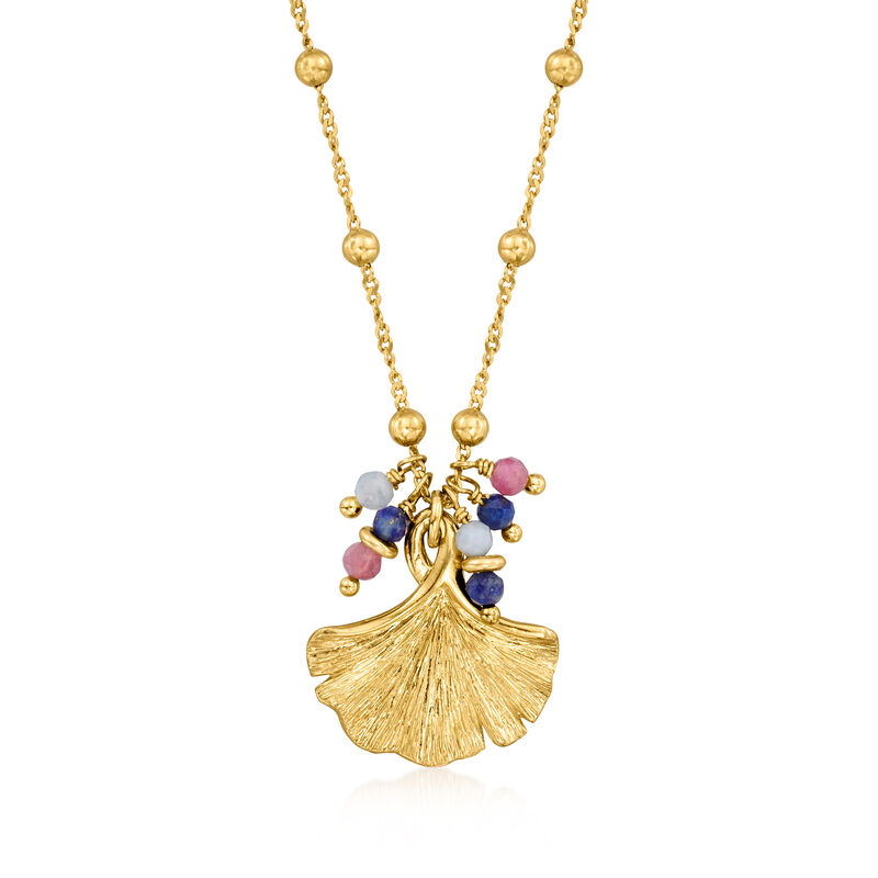 Italian .40 ct. t.w. Multi-Gemstone Bead Ginkgo Leaf Necklace in 24kt Gold Over Sterling image number 0