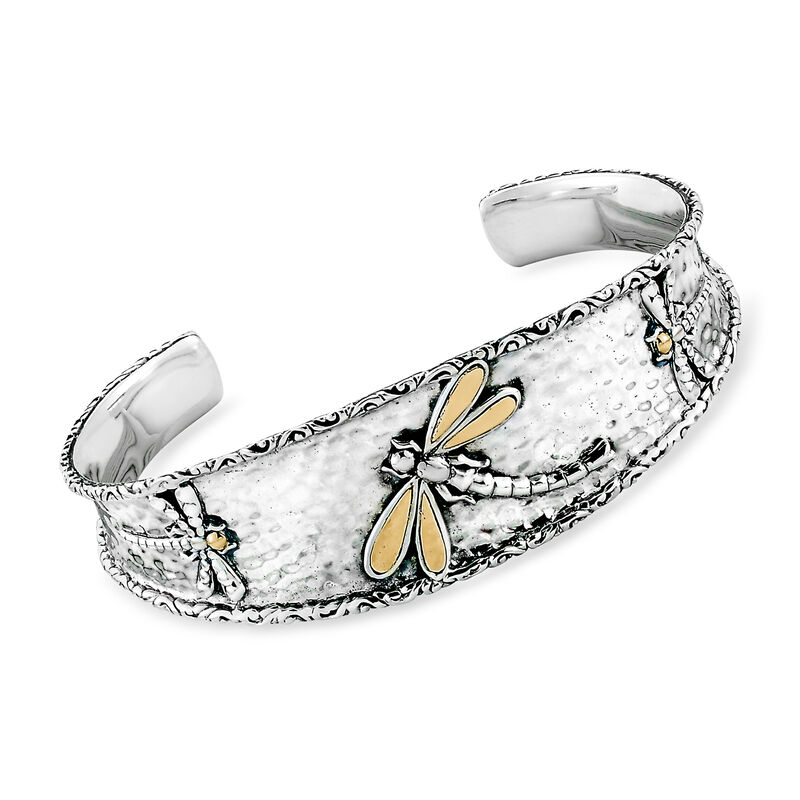 Sterling Silver and 18kt Yellow Gold Bali-Style Dragonfly Cuff Bracelet image number 0