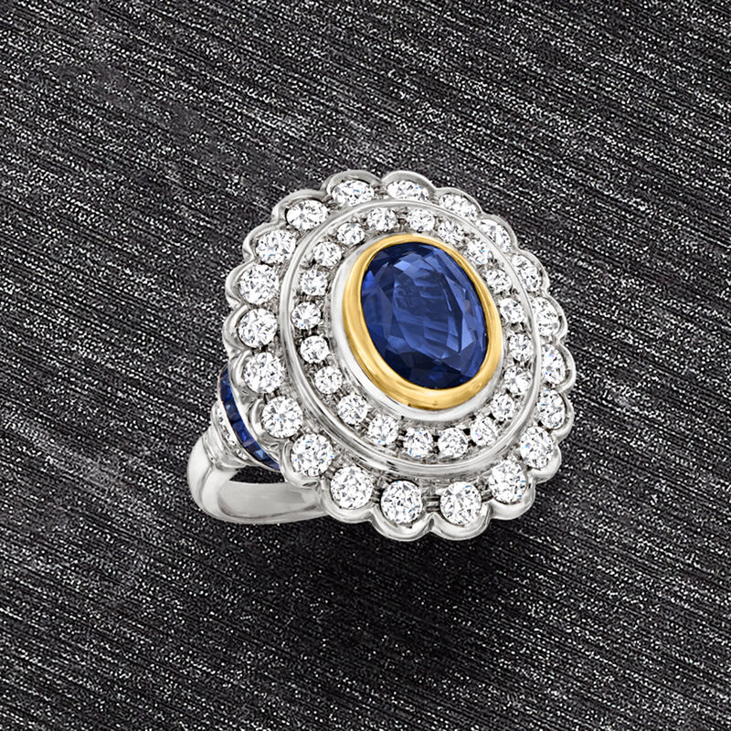 C. 1990 Vintage 2.69 ct. t.w. Sapphire and 1.42 ct. t.w. Diamond Double-Frame Ring in 18kt Two-Tone Gold image number 3
