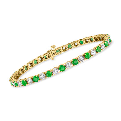 4.10 ct. t.w. Emerald and 1.00 ct. t.w. Diamond Tennis Bracelet in 18kt Gold Over Sterling