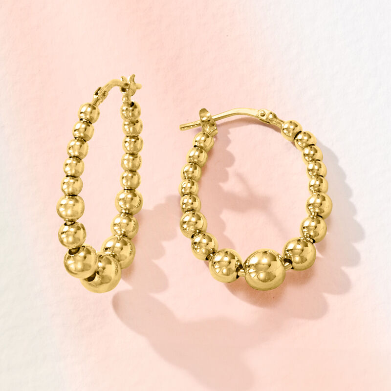 Italian 3-6mm 18kt Gold Over Sterling Bead Oval Hoop Earrings. 1 1/8&quot; image number 2