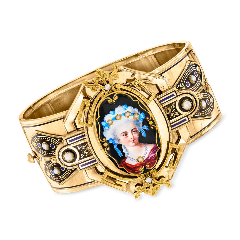 C. 1920 Vintage Painted Portrait Bangle Bracelet with Simulated and Cultured Pearls in 14kt Yellow Gold image number 0