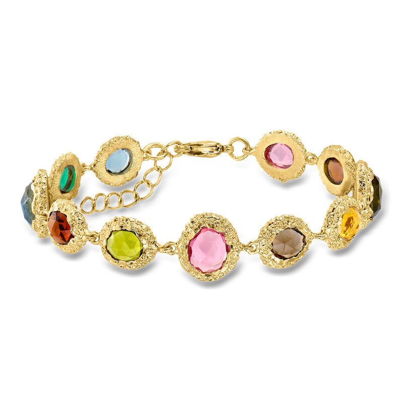14kt Yellow Gold-Plated Bracelet with Natural and Simulated Multicolored Gemstones. 7" image number 0