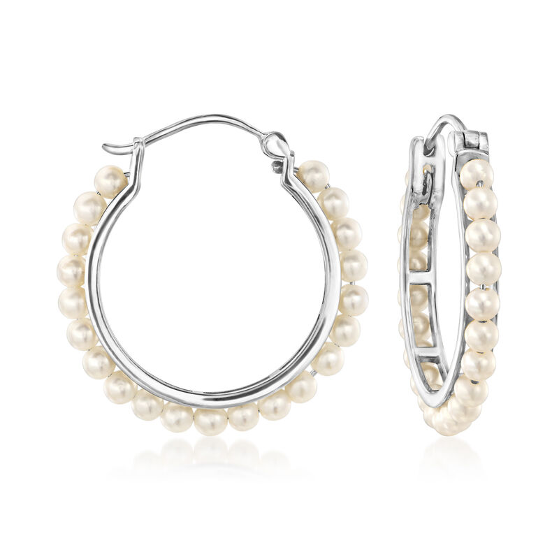 3-3.5mm Cultured Pearl Hoop Earrings in Sterling Silver. 1 1/4&quot; image number 0