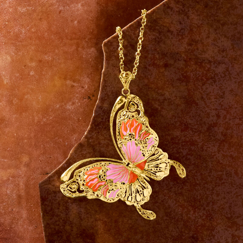 Italian Pink and Orange Enamel Butterfly Pendant Necklace in 18kt Gold Over Sterling. 18&quot; image number 3