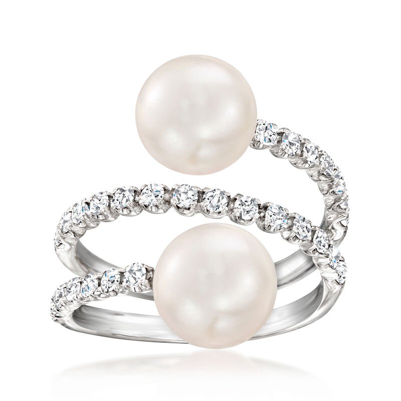 8-8.5mm Cultured Akoya Pearl Bypass Ring with .62 ct. t.w. Diamonds in 14kt White Gold image number 0