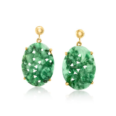 C. 1980 Vintage Carved Jade Drop Earrings in 14kt Yellow Gold