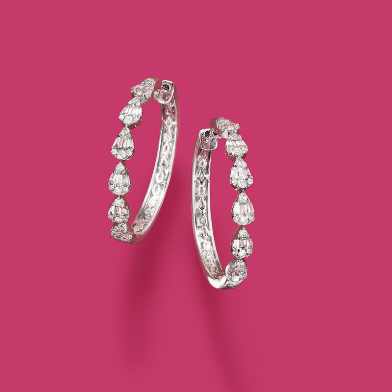 .60 ct. t.w. Diamond Cluster Hoop Earrings in 14kt White Gold. 1&quot; image number 2