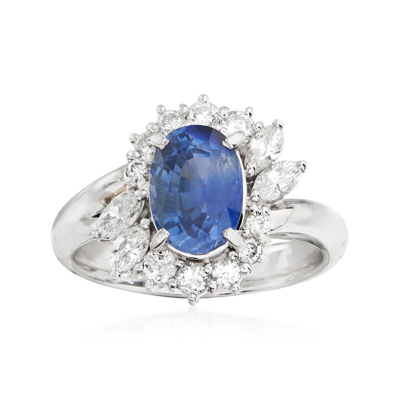 C. 1990 Vintage 2.19 Carat Sapphire and .67 ct. t.w. Diamond Floral Ring in Platinum image number 0