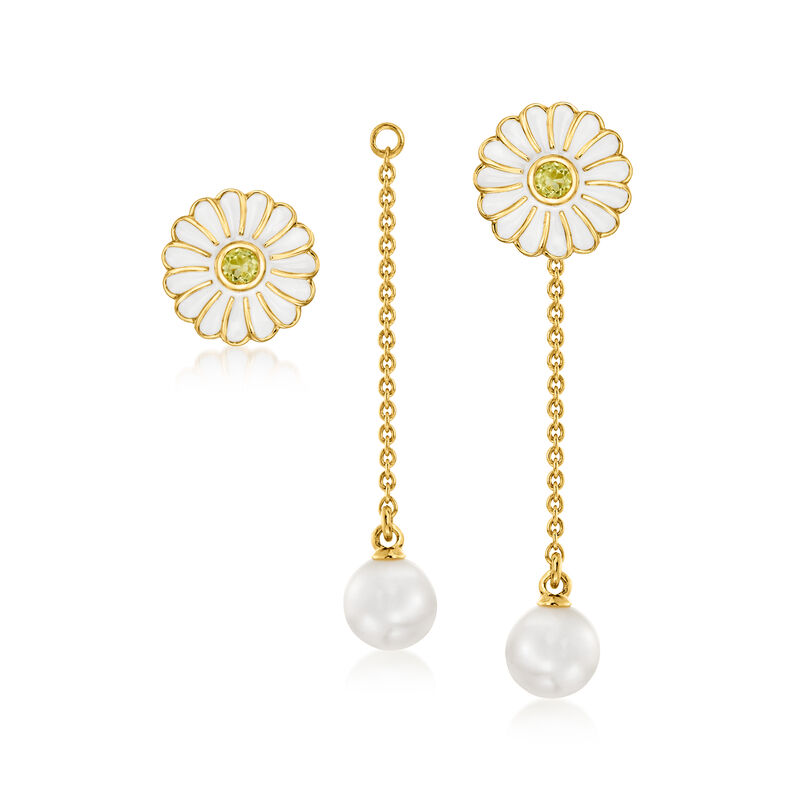 .10 ct. t.w. Lemon Quartz and White Enamel Flower Earrings with Removable 6.5-7mm Cultured Pearl Drops in 18kt Gold Over Sterling  image number 2