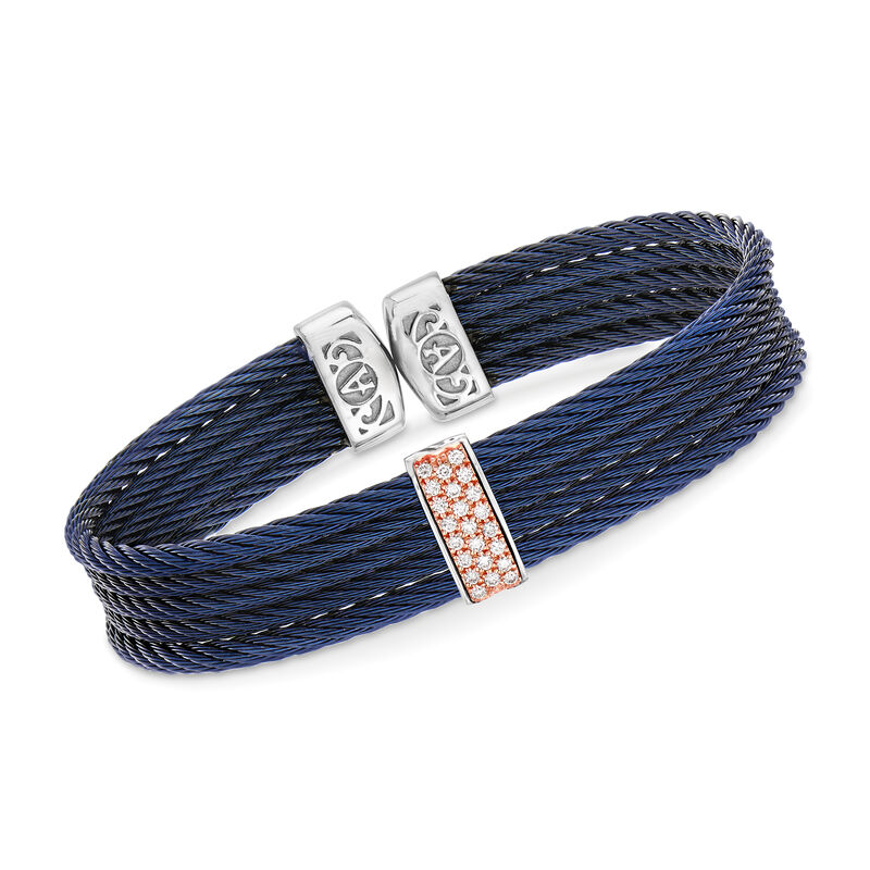 ALOR &quot;Classique&quot; Blue Stainless Steel Cable Cuff Bracelet with .19 ct. t.w. Diamonds and 18kt Rose Gold. 7&quot; image number 0