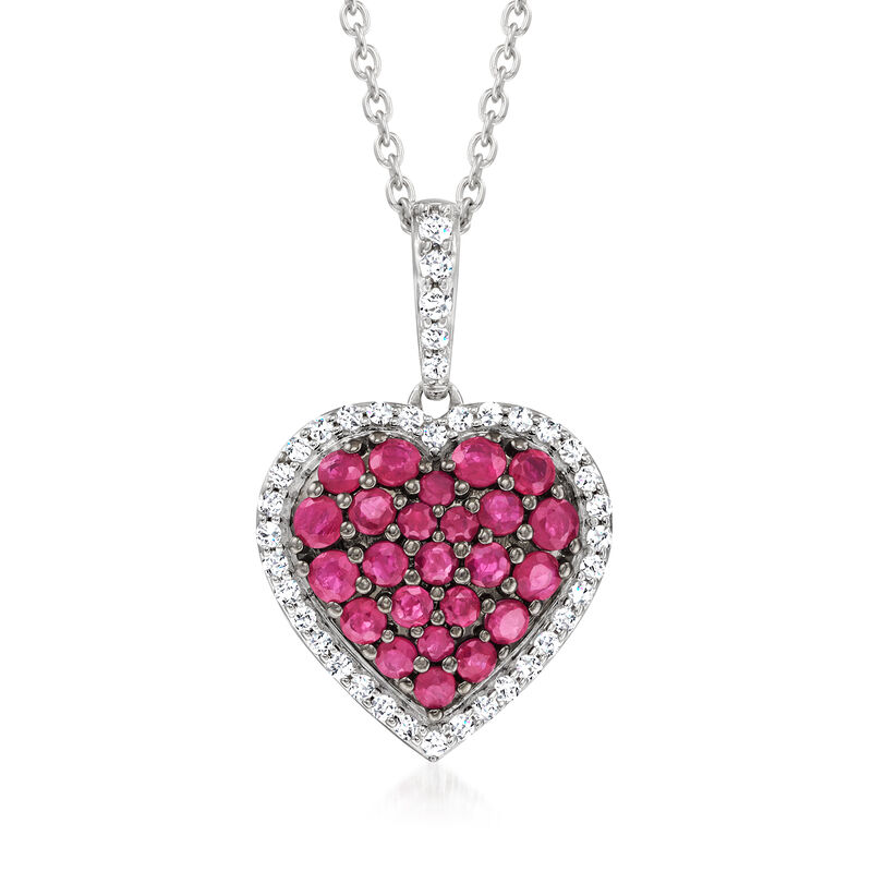 1.30 ct. t.w. Ruby and .30 ct. t.w. White Zircon Heart Pendant Necklace in Sterling Silver. 18&quot; image number 1