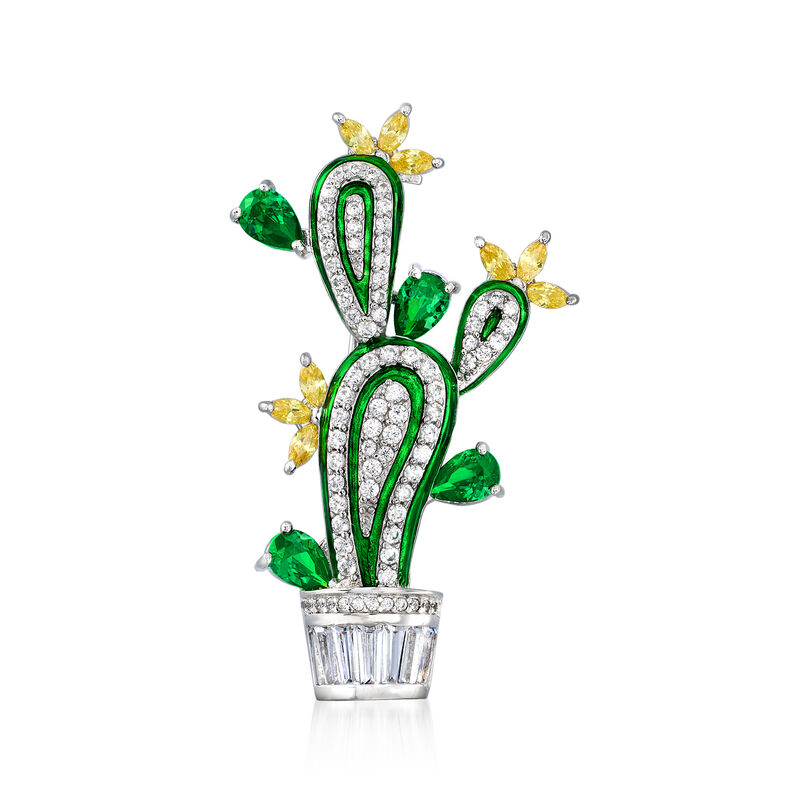 2.78 ct. t.w. Yellow and White CZ and 1.60 ct. t.w. Simulated Emerald Cactus Pin in Sterling Silver image number 0