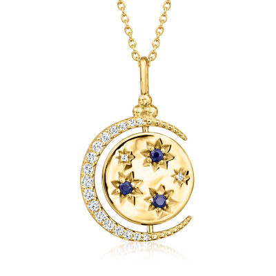 Lapis, .20 ct. t.w. White Topaz and .10 ct. t.w. Sapphire Reversible Celestial Pendant Necklace in 18kt Gold Over Sterling