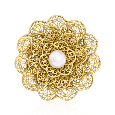 8-8.5mm Cultured Pearl Filigree Flower Pin in 18kt Gold Over Sterling