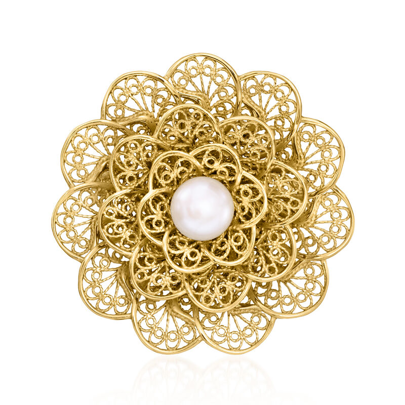 8-8.5mm Cultured Pearl Filigree Flower Pin in 18kt Gold Over Sterling  image number 0