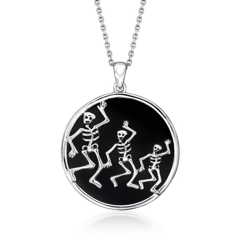 Onyx Dancing Skeleton Pendant Necklace in Sterling Silver image number 0