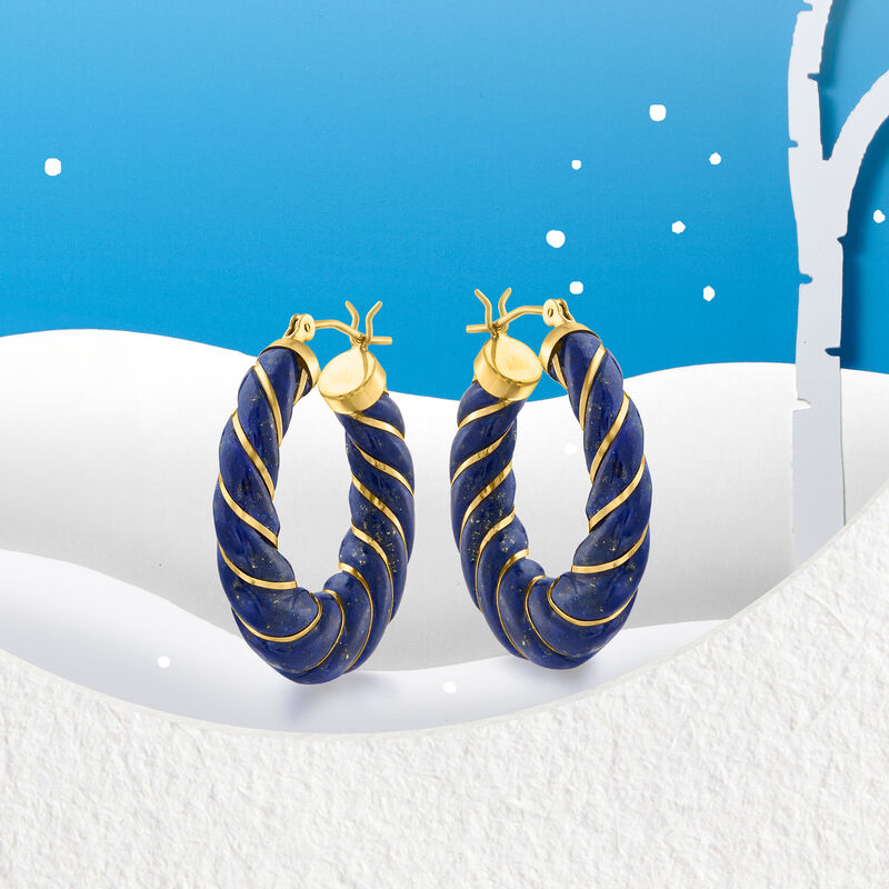 Carved Lapis Hoop Earrings with 14kt Yellow Gold. 1 1/8&quot; image number 6