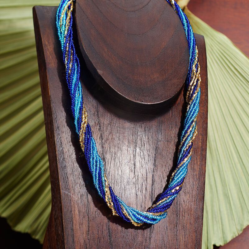 Italian Blue and Golden Murano Glass Bead Torsade Necklace with 18kt Gold Over Sterling image number 3