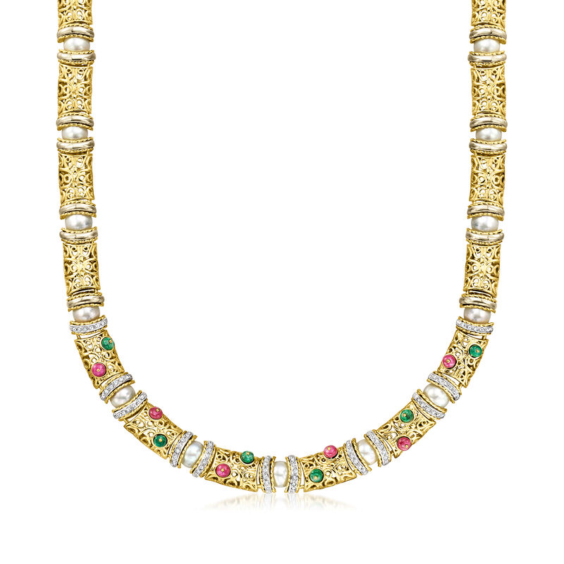 C. 1980 Vintage 8.5mm Cultured Pearl, 2.70 ct. t.w. Ruby and 2.00 ct. t.w. Emerald Necklace with 1.20 ct. t.w. Diamonds in 18kt Two-Tone Gold. 19.5&quot; image number 0