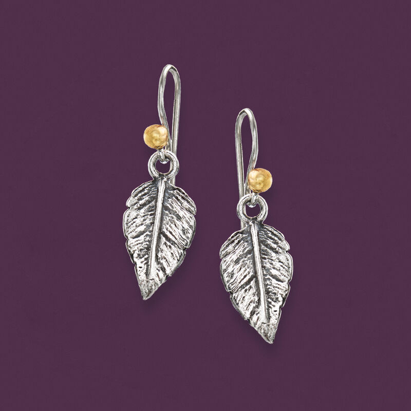 Sterling Silver Leaf Drop Earrings with 14kt Yellow Gold image number 2