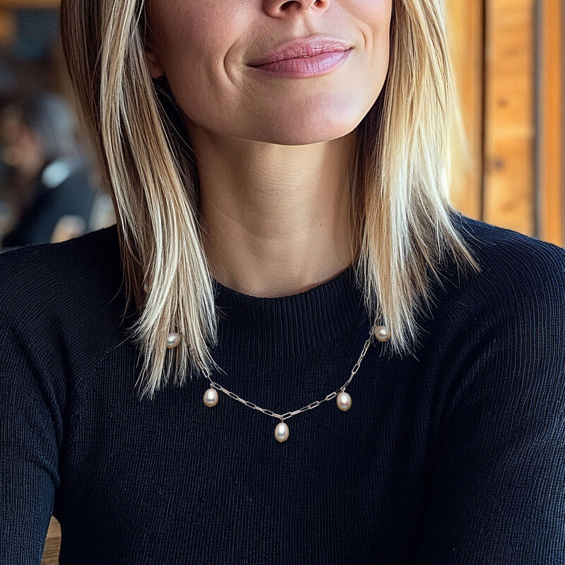 7-7.5mm Cultured Pearl Station Paper Clip Link Necklace in Sterling Silver image number 1