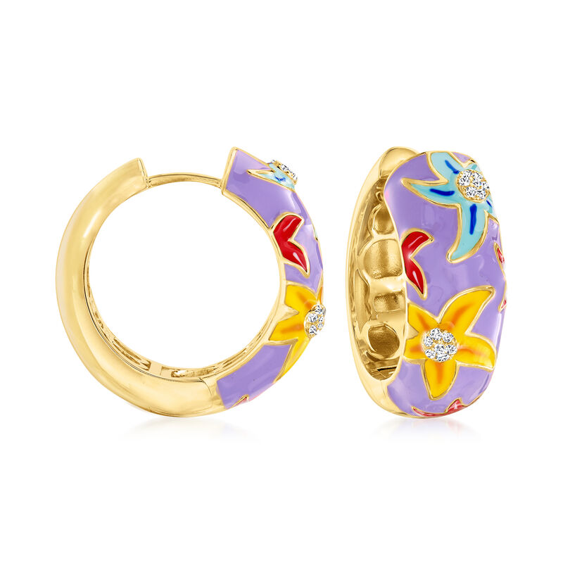 .10 ct. t.w. White Topaz and Multicolored Enamel Starfish Hoop Earrings in 18kt Gold Over Sterling. 7/8&quot; image number 0