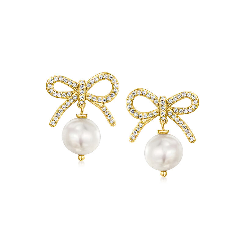 9-9.5mm Cultured Pearl and .50 ct. t.w. White Topaz Bow Drop Earrings in 18kt Gold Over Sterling  image number 0