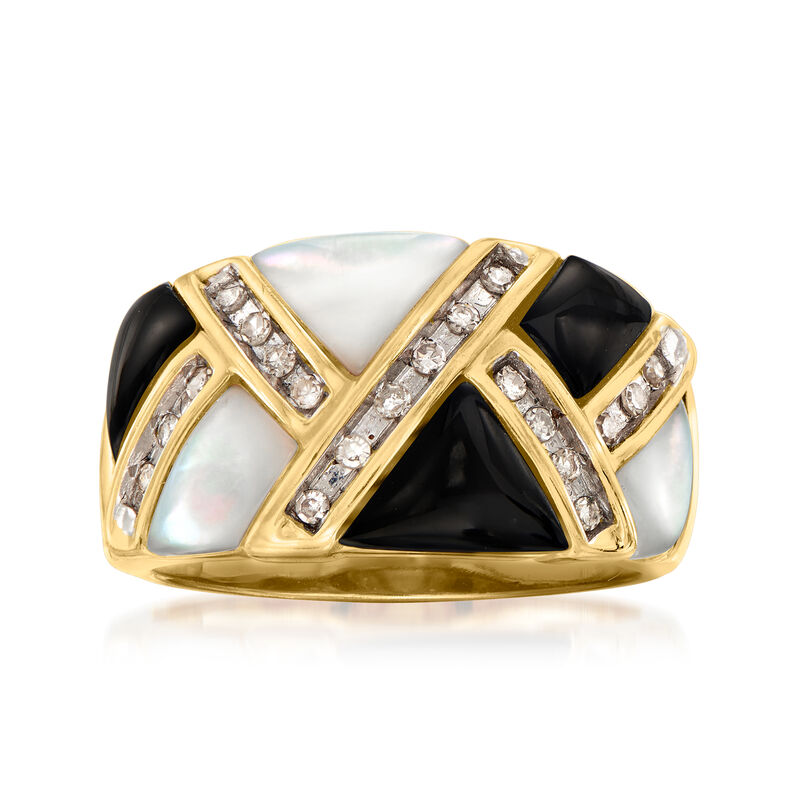 C. 1990 Vintage Black Onyx and Mother-Of-Pearl Ring with .25 ct. t.w. Diamonds in 10kt Yellow Gold image number 0