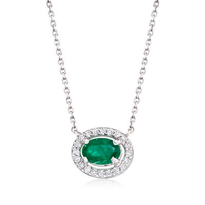 C. 1990 Vintage .55 Carat Emerald and .25 ct. t.w. Diamond Oval Necklace in 14kt White Gold