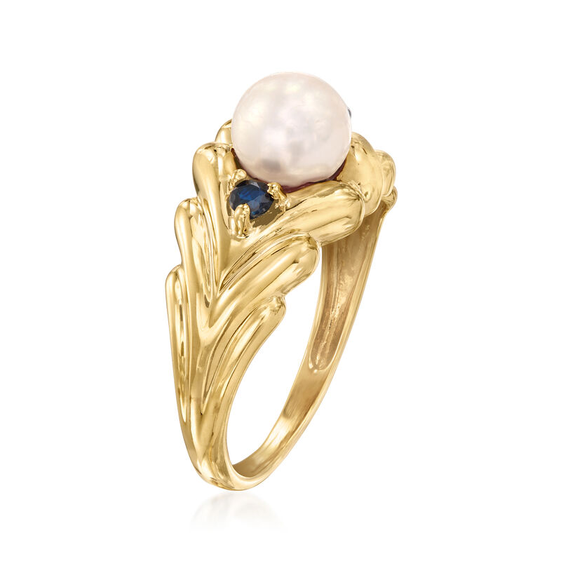 C. 1990 Vintage 6.5mm Cultured Pearl Ring with .15 ct. t.w. Sapphires in 14kt Yellow Gold. Size 7.5 image number 2