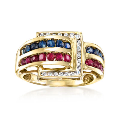 C. 1990 Vintage .55 ct. t.w. Ruby, .55 ct. t.w. Sapphire and .15 ct. t.w. Diamond Buckle Ring in 14kt Yellow Gold