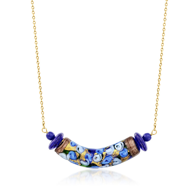 Italian Blue Murano Glass Floral Bead Necklace in 18kt Gold Over Sterling. 18&quot; image number 1